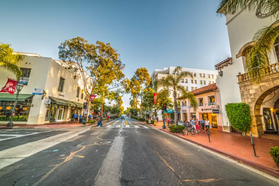 Spanish-style State Street commercial buildings in downtown Santa Barbara, California